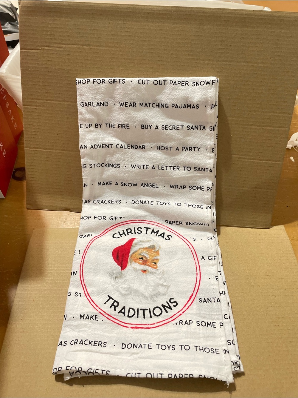 Hallmark White Tea Towel with Vintage Santa and Red Accents